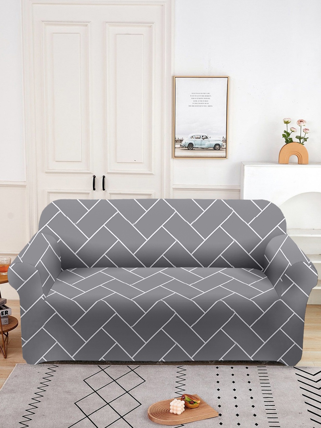 

Aura Grey Printed 2 Seater Sofa Cover With Arms