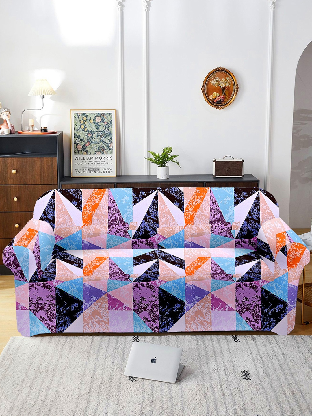 

Aura Pink & Blue Printed 3 Seater Sofa Cover With Arms