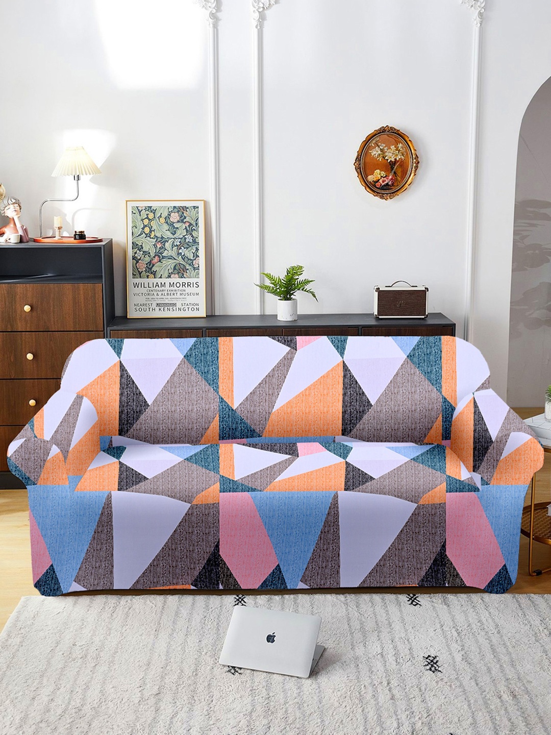 

Aura Pink & White Printed Three Seater Sofa Cover With Arms
