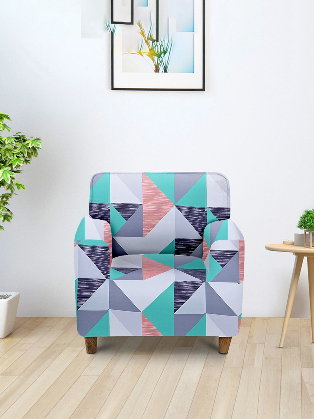 

Aura Blue & Green Printed Single Seater Sofa Cover With Arms