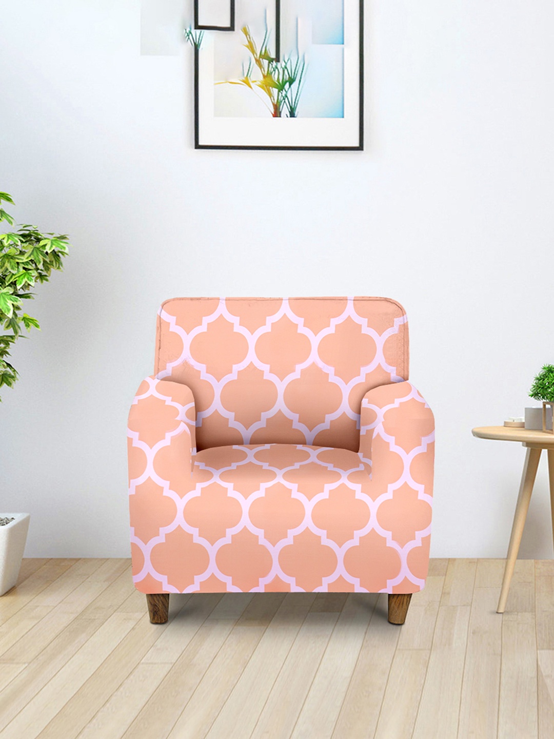 

Aura Peach-Coloured Printed Single Seater Sofa Cover With Arms