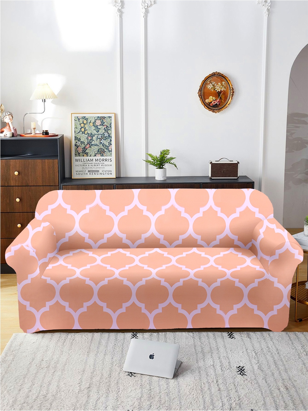 

Aura Peach & White Printed 3 Seater Sofa Cover With Arms