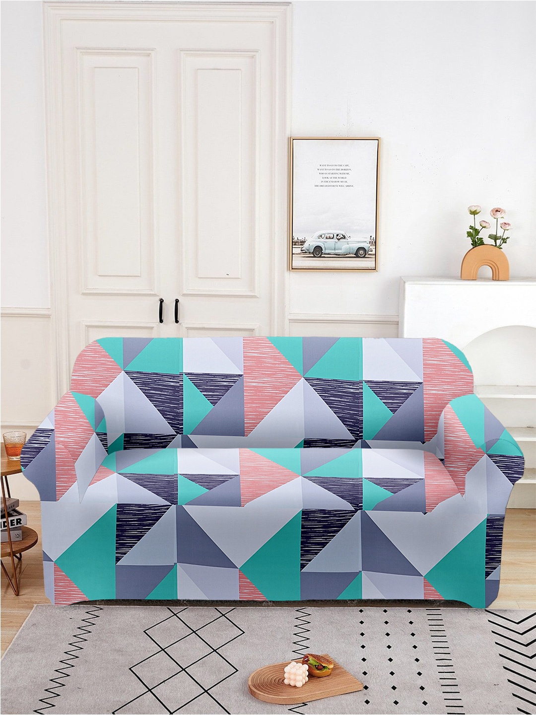 

Aura Blue & Peach Printed Double Seater Sofa Cover With Arms