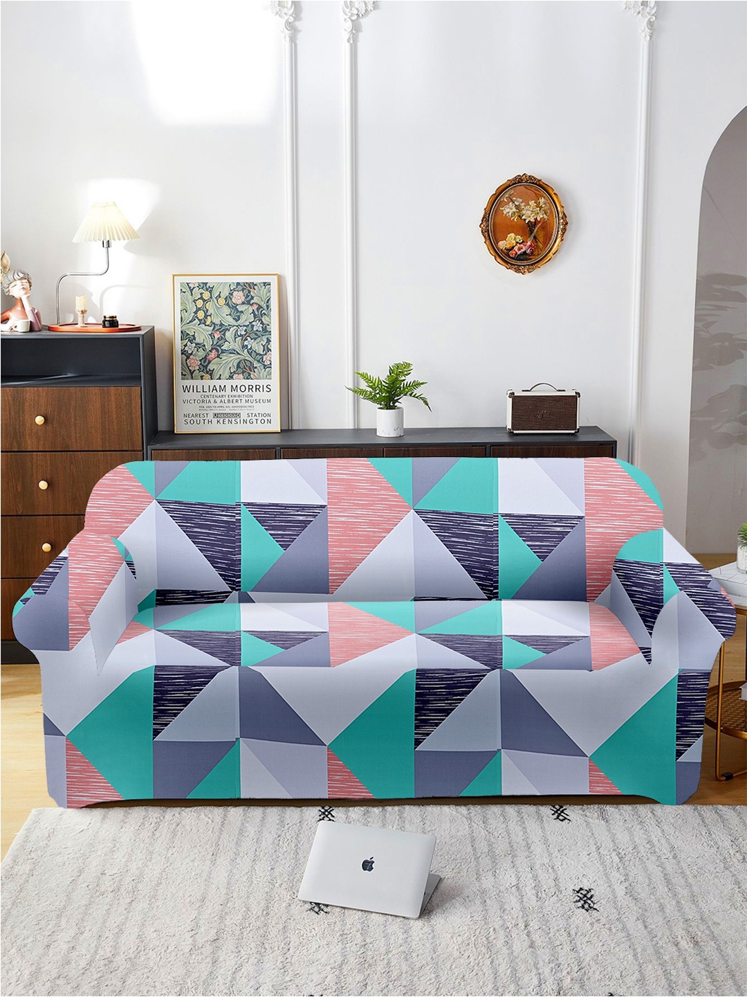 

Aura Blue & Grey Printed Three Seater Sofa Cover With Arms