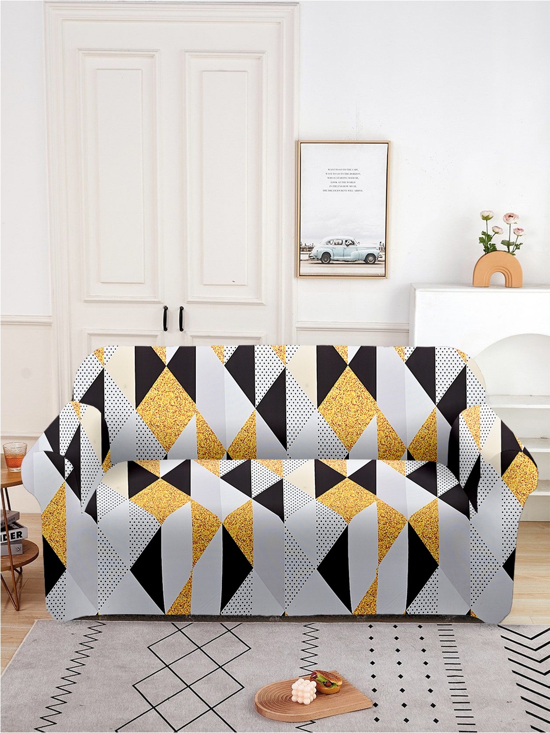 

Aura Yellow & Yellow Printed Double Seater Sofa Cover With Arms