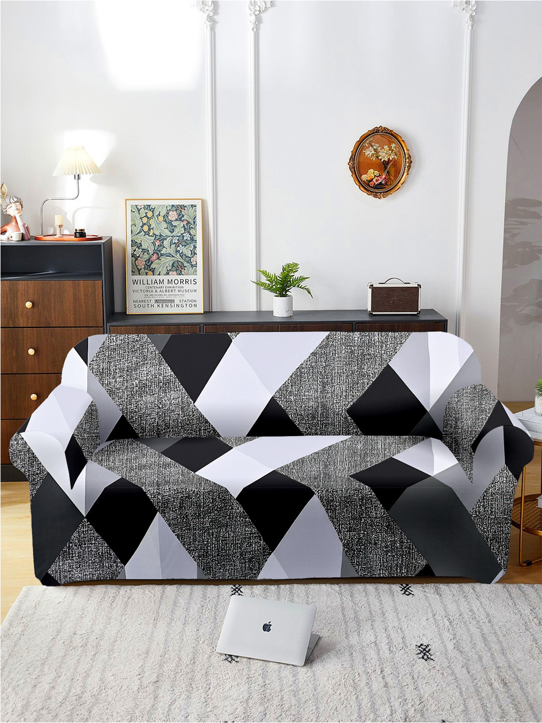 

Aura White & Grey Printed Three Seater Sofa Cover With Arms