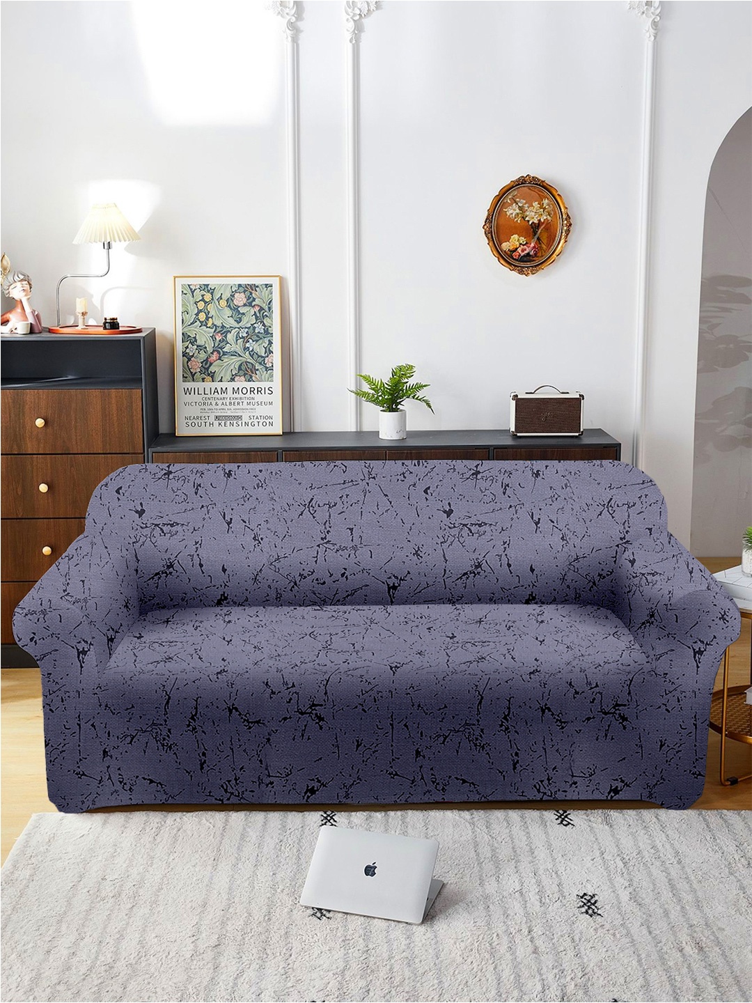 

Aura Purple & Black Printed Three Seater Sofa Cover With Arms