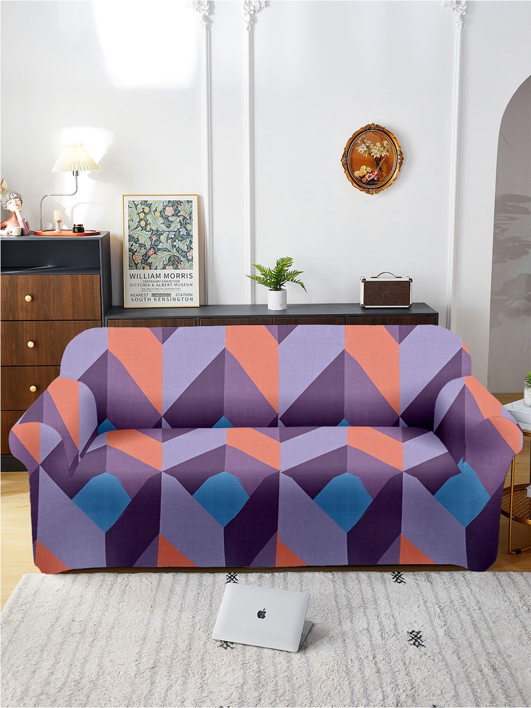 

Aura Purple & Orange Printed 3 Seater Sofa Cover With Arms