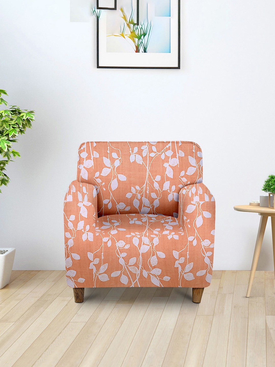 

Aura Orange & White Printed Single Seater Sofa Cover With Arms