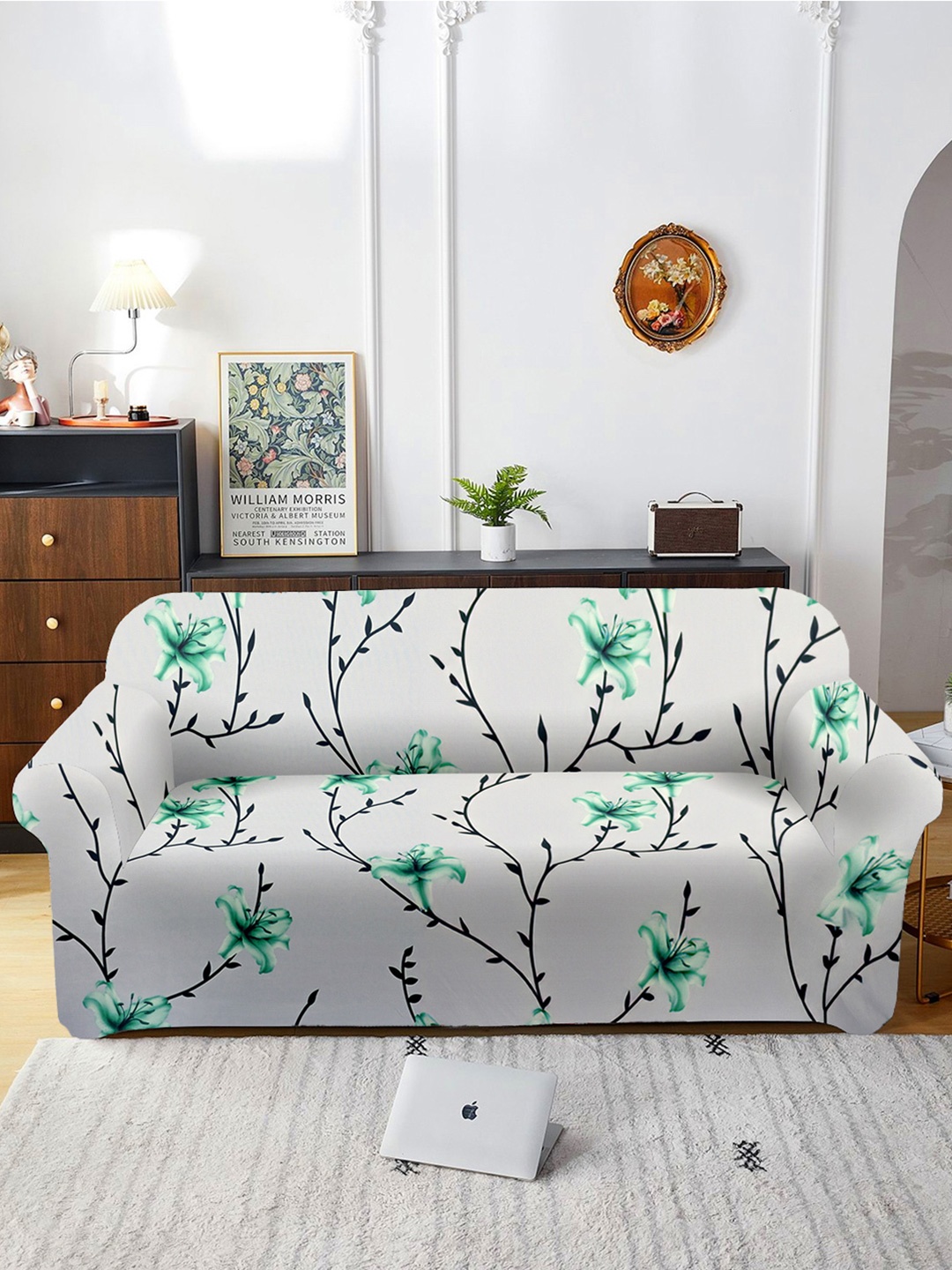 

Aura White & Green Printed Three Seater Sofa Cover With Arms