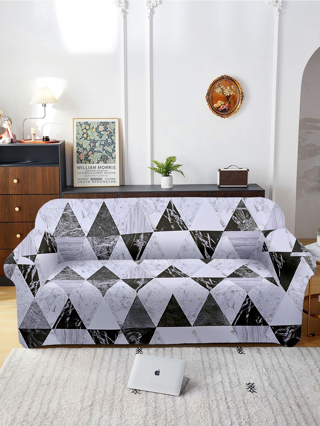 

Aura White & Black Printed 3 Seater Sofa Cover With Arms