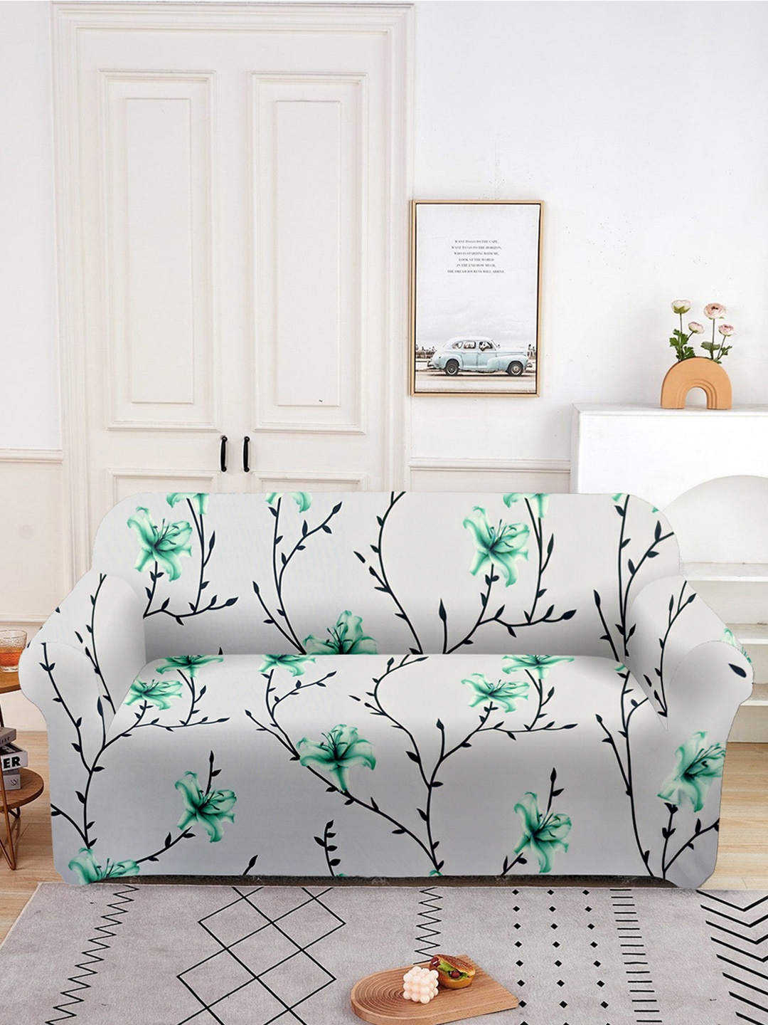 

Aura White & Green Printed Double Seater Sofa Cover With Arms