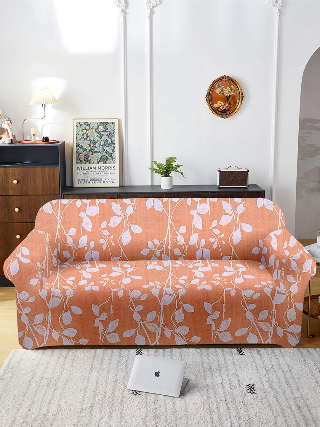 

Aura Orange & White Printed 3 Seater Sofa Cover With Arms