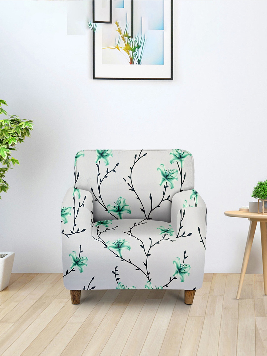 

Aura White & Green Printed Single Seater Sofa Cover With Arms