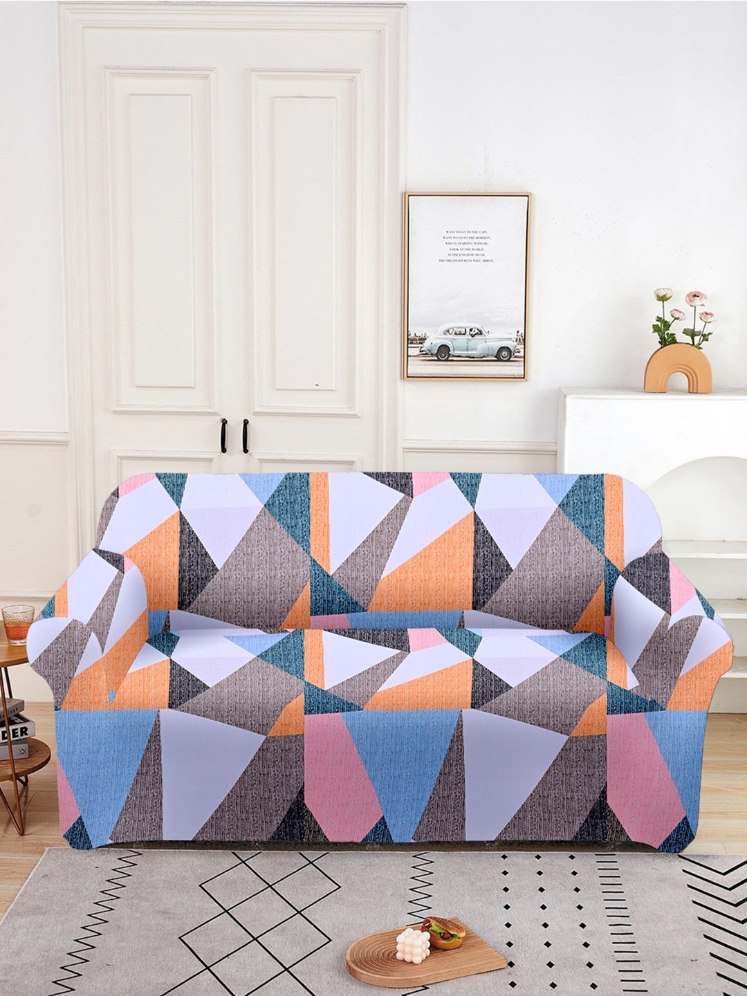 

Aura Pink & Blue Printed Double seater Sofa Cover With Arms