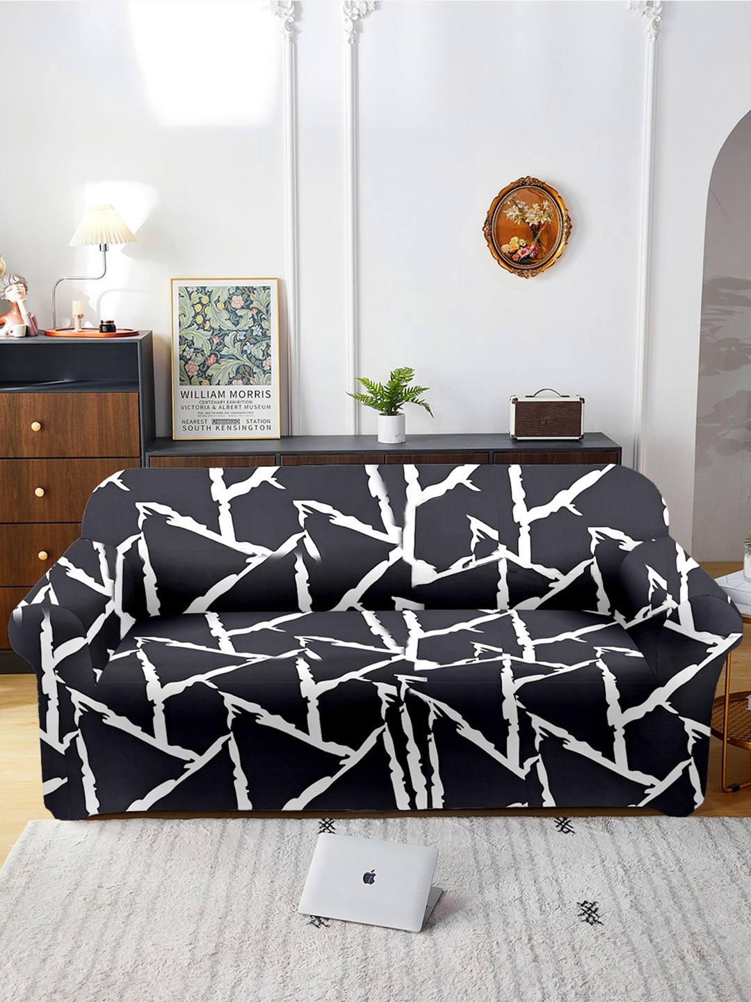 

Aura Black & White Printed Three Seater Sofa Cover With Arms