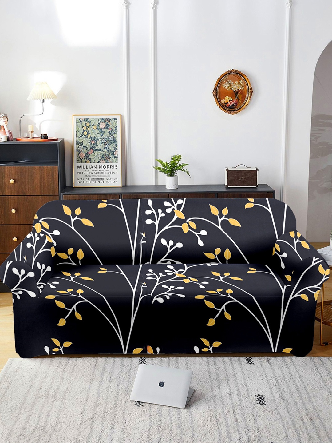 

Aura Black & White Printed Three Seater Sofa Cover With Arms