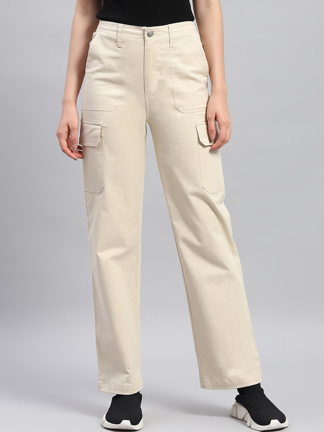 

rock.it Women Straight Fit High-Rise Cotton Cargos Trousers, Beige