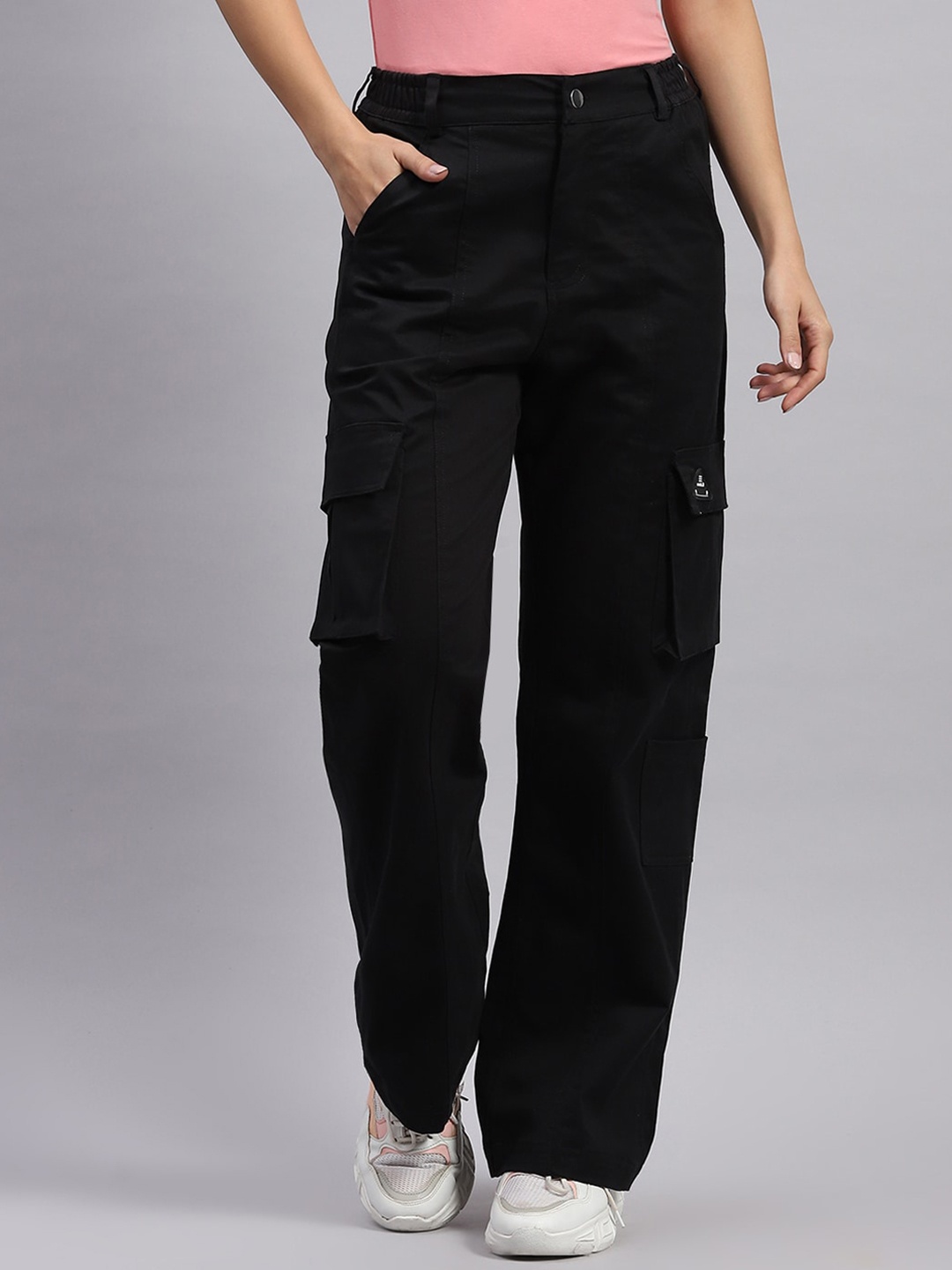 

rock.it Women Regular Fit Low-Rise Cotton Cargos Trousers, Black