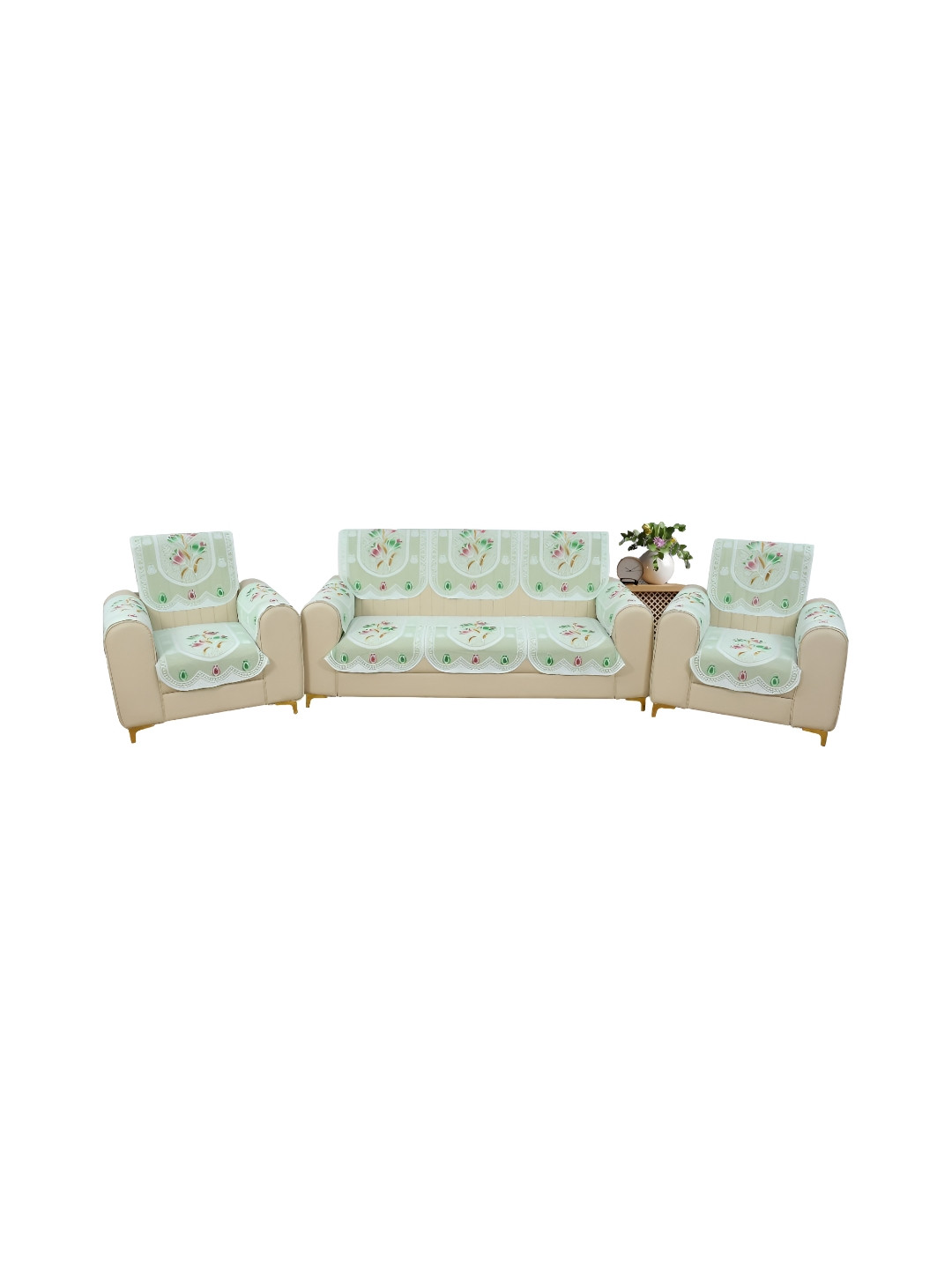 

BIGGER FISH Green 6 Pieces Floral Printed Cotton 5 Seater Sofa Covers With Arms