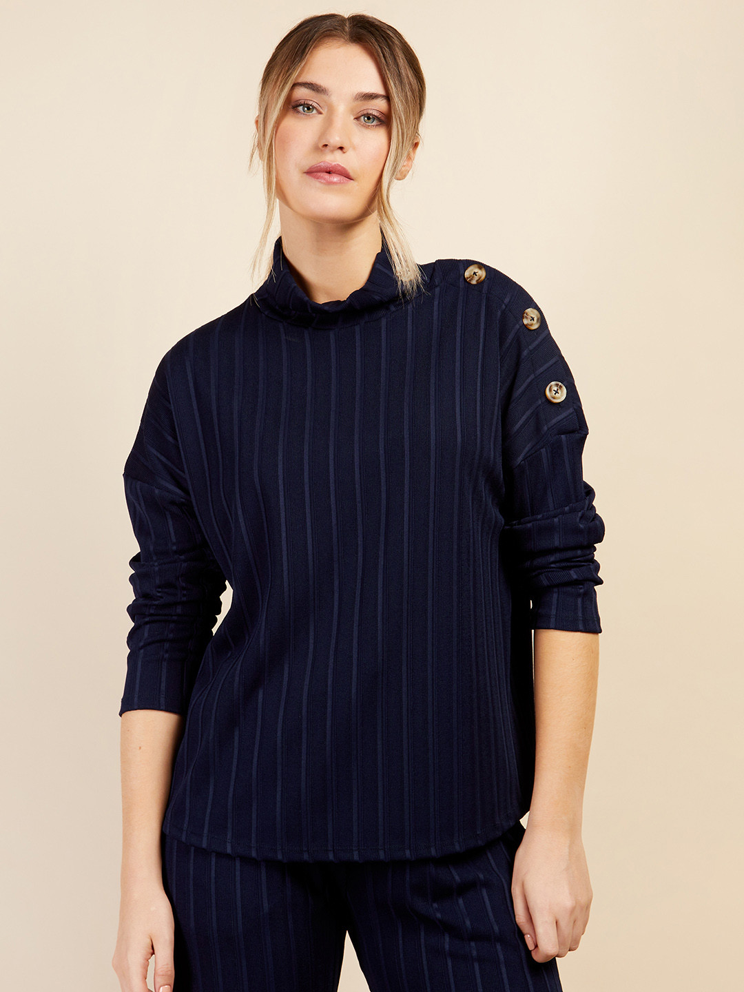 

Little Mistress Ribbed High-Neck Drop-Shoulder Sleeves Top, Navy blue