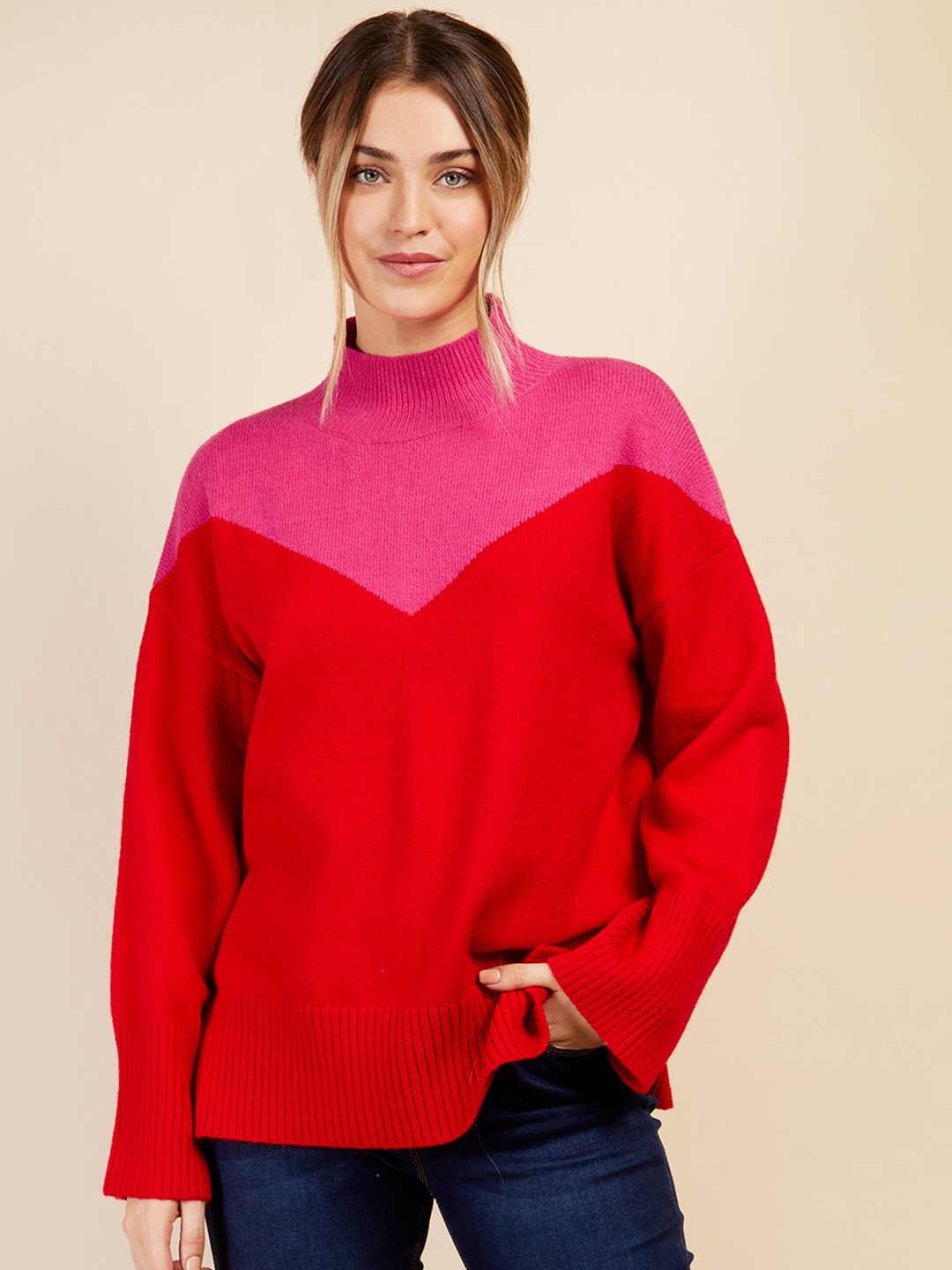 

Little Mistress Colourblocked High-Neck Drop-Shoulder Sleeves Pullover with Side Slits, Red