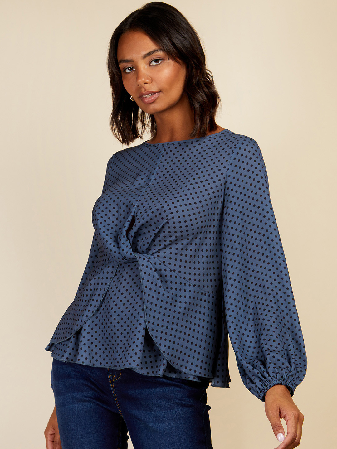 

Little Mistress Polka Dots Print Bishop Sleeves Knot Detail Top, Blue