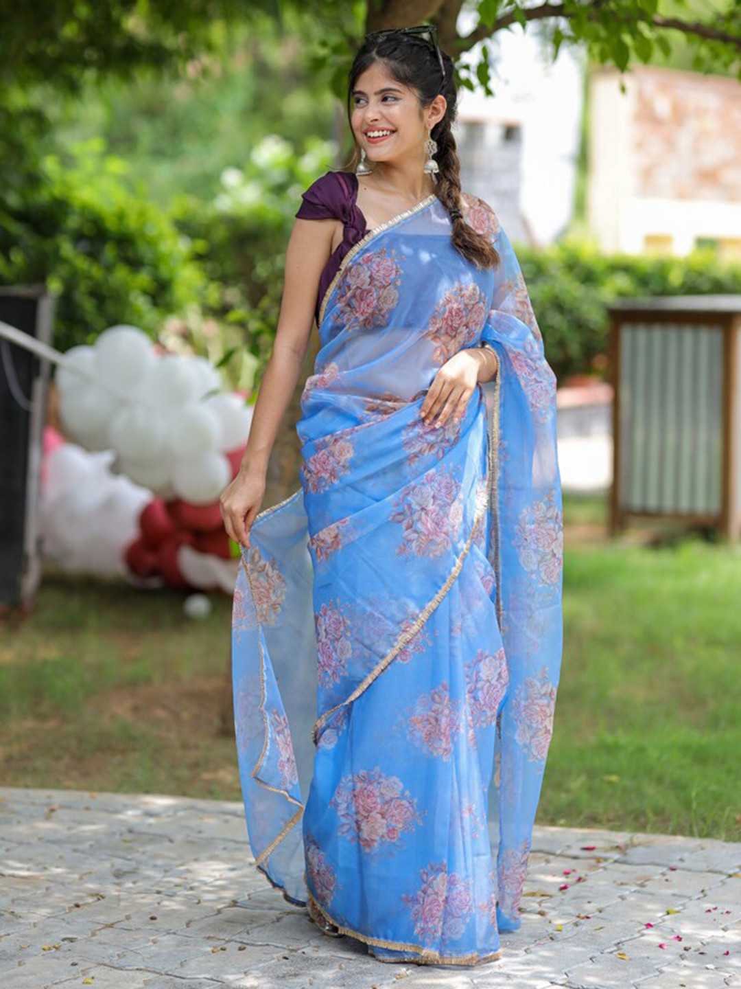 

DiraByDimple Floral Organza Saree, Blue