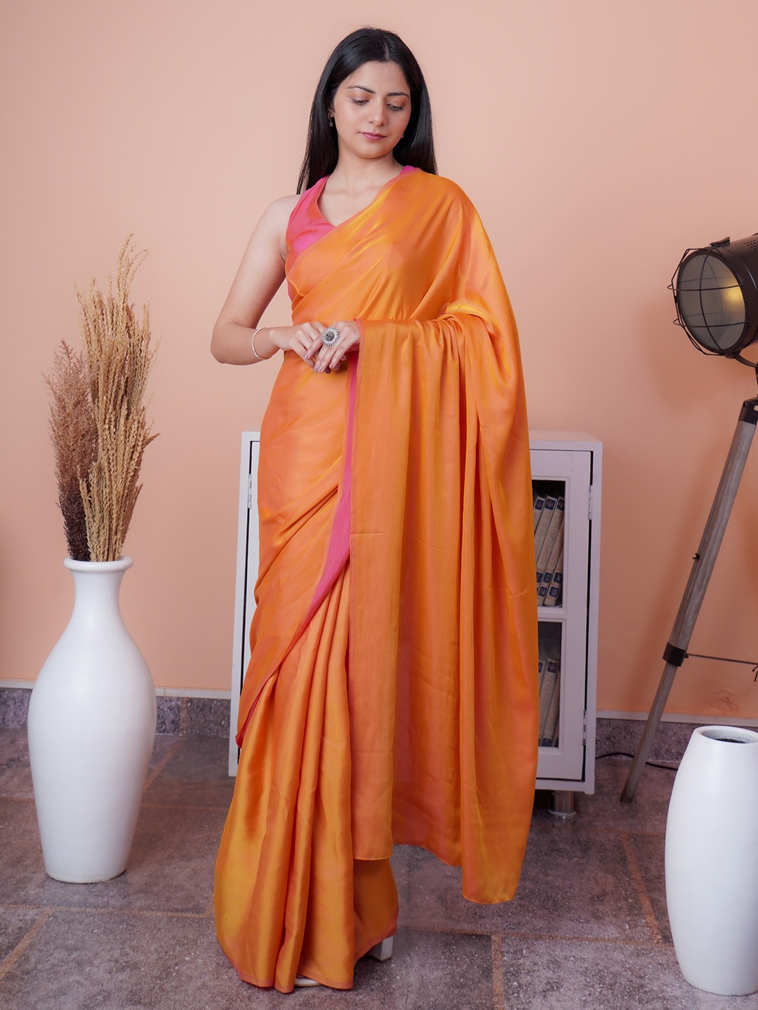 

DiraByDimple Solid Satin Saree, Orange