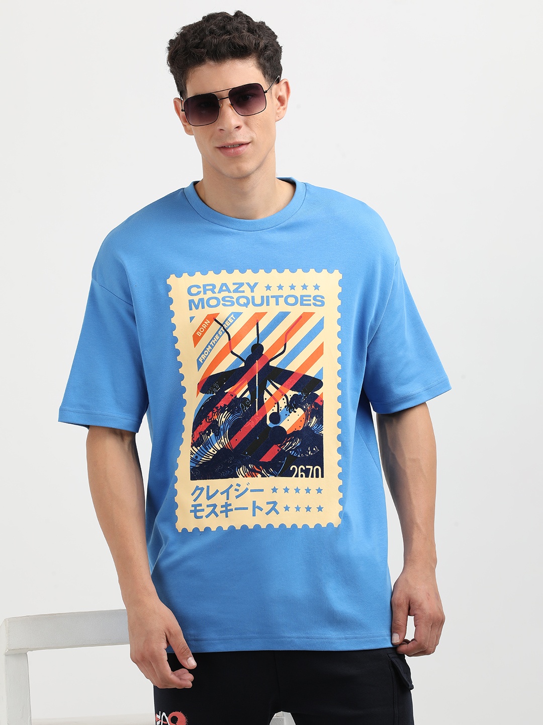 

Crazy Mosquitoes Men Printed High Neck Oversized T-shirt, Blue