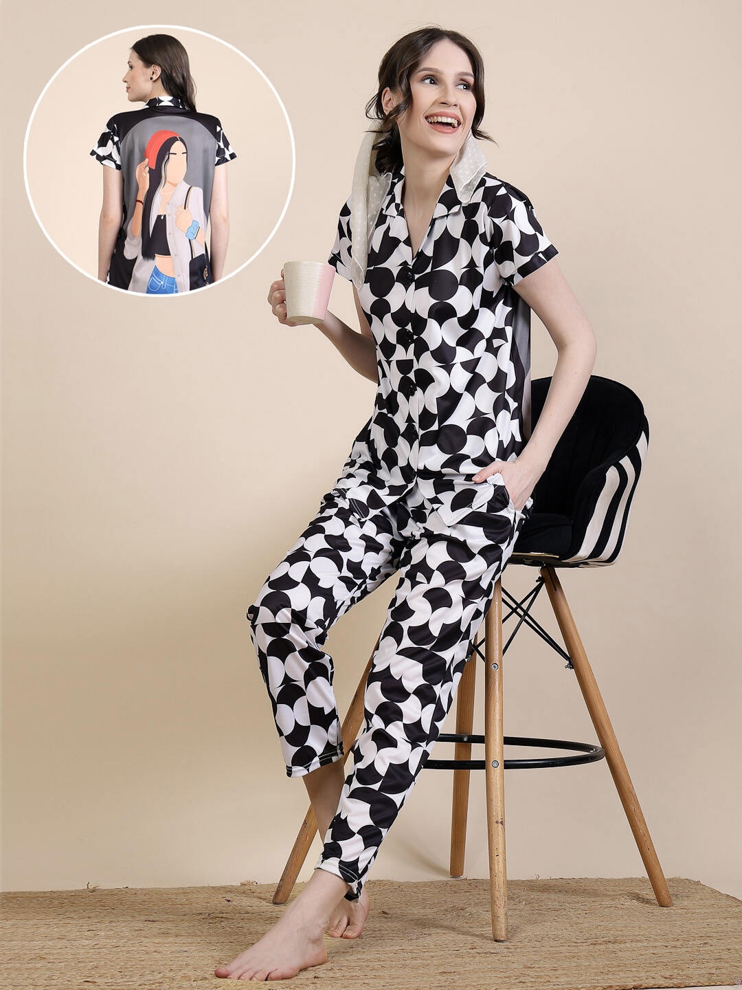 

FABINALIV Abstract Graphic Printed Women Night Suit, Black