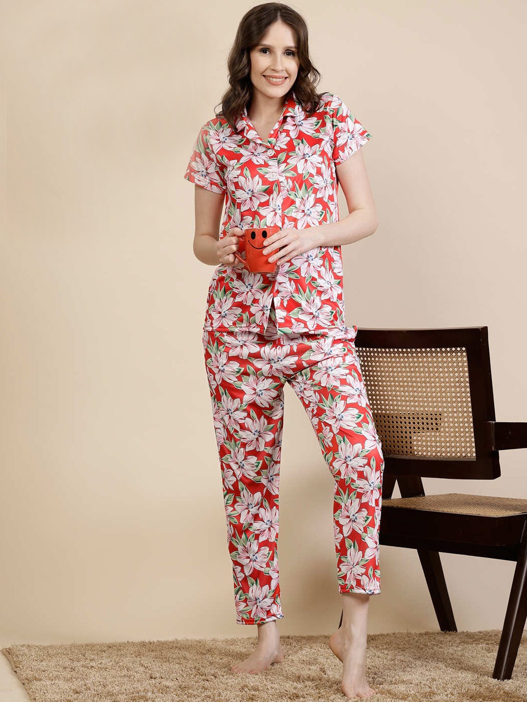 

FABINALIV Women Floral Graphic Printed Night Suit, Red