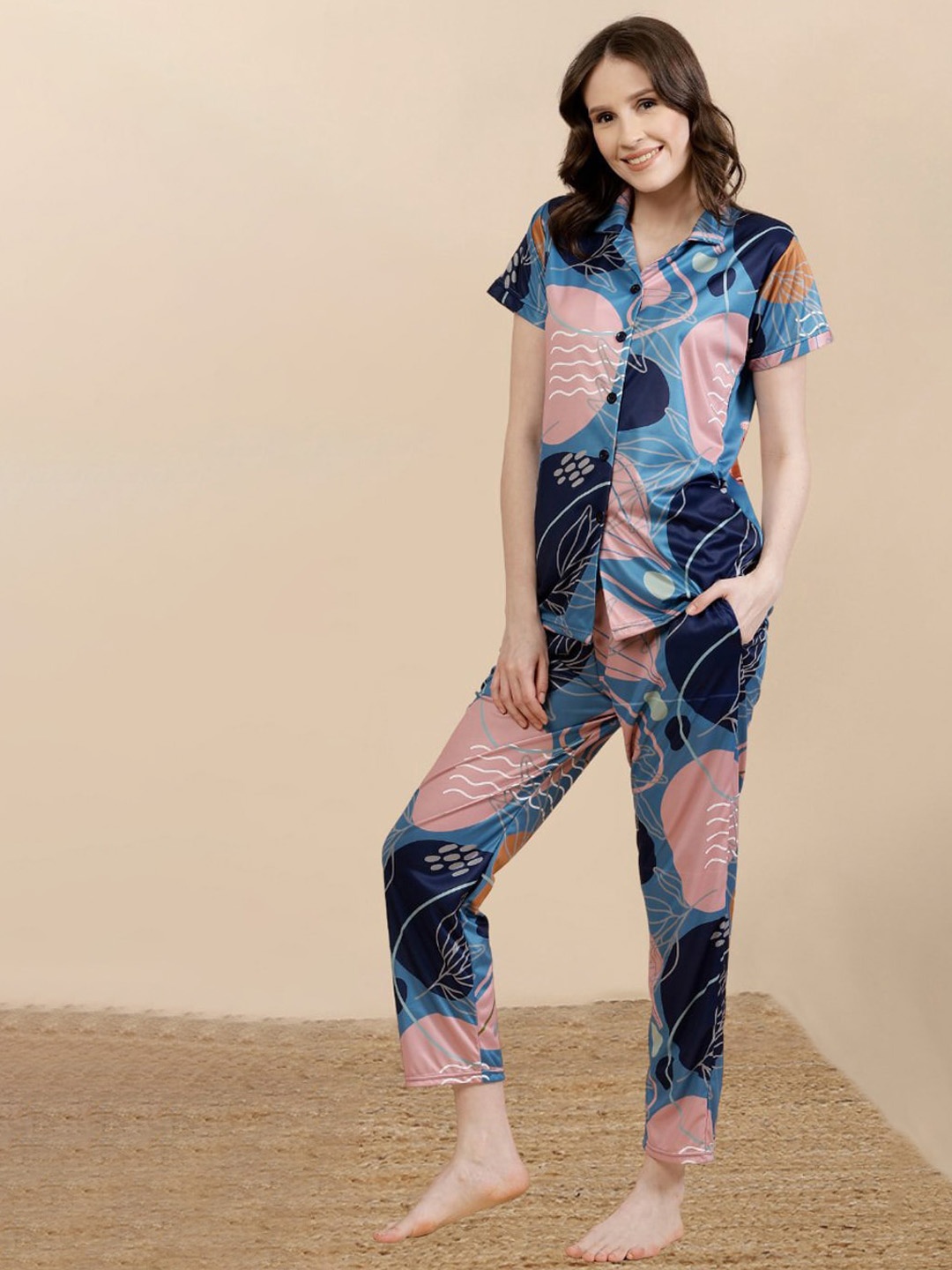 

FABINALIV Abstract Graphic Printed Women Night Suit, Blue