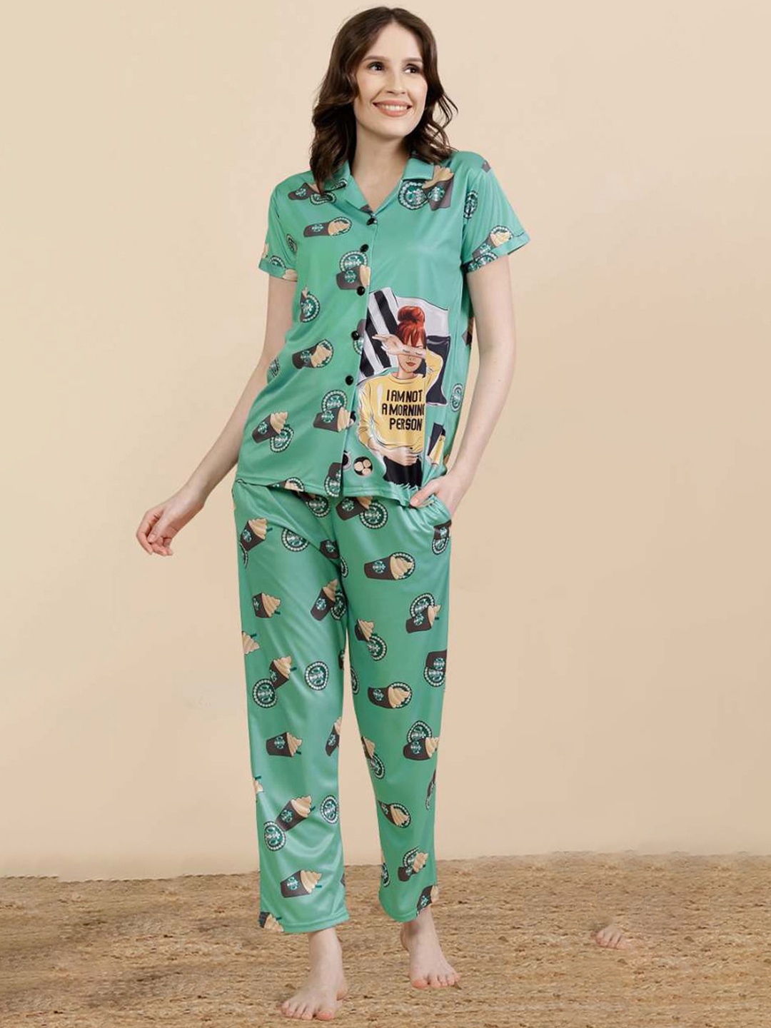 

FABINALIV Abstract Graphic Printed Women Night Suit, Green