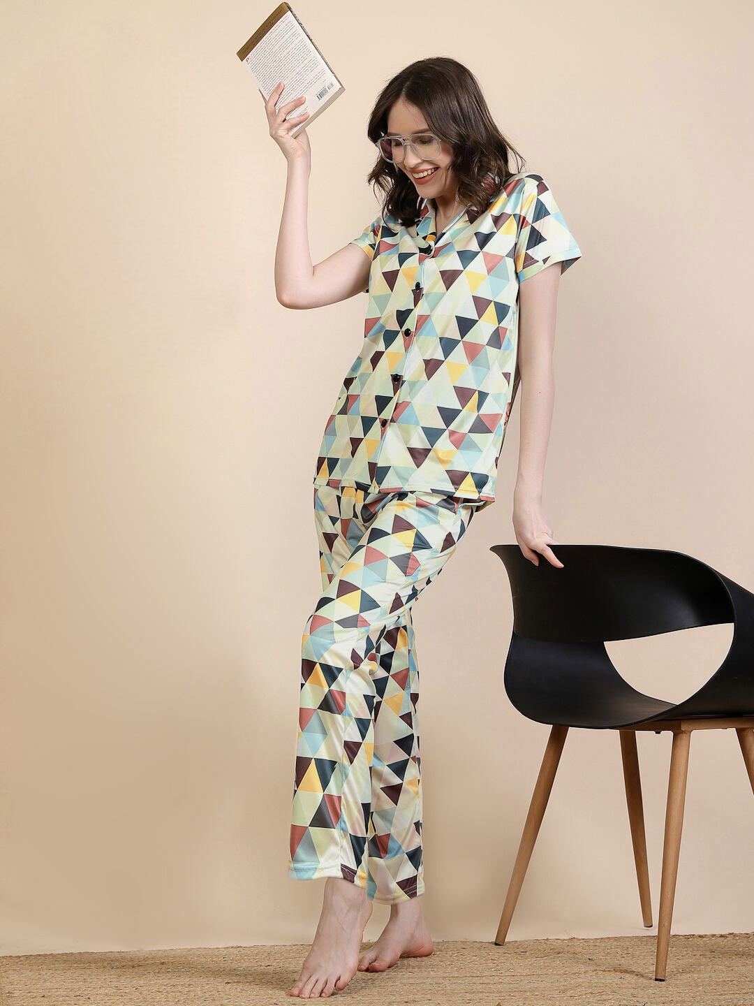 

FABINALIV Women Geometric Graphic Printed Night Suit, Green