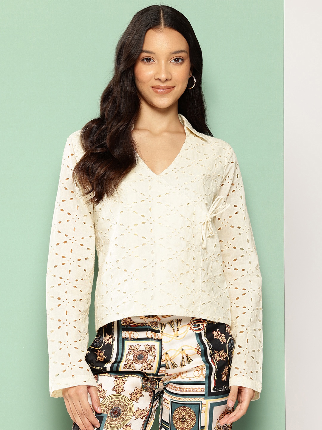 

BROOWL Self Design Cotton Wrap Top, Off white