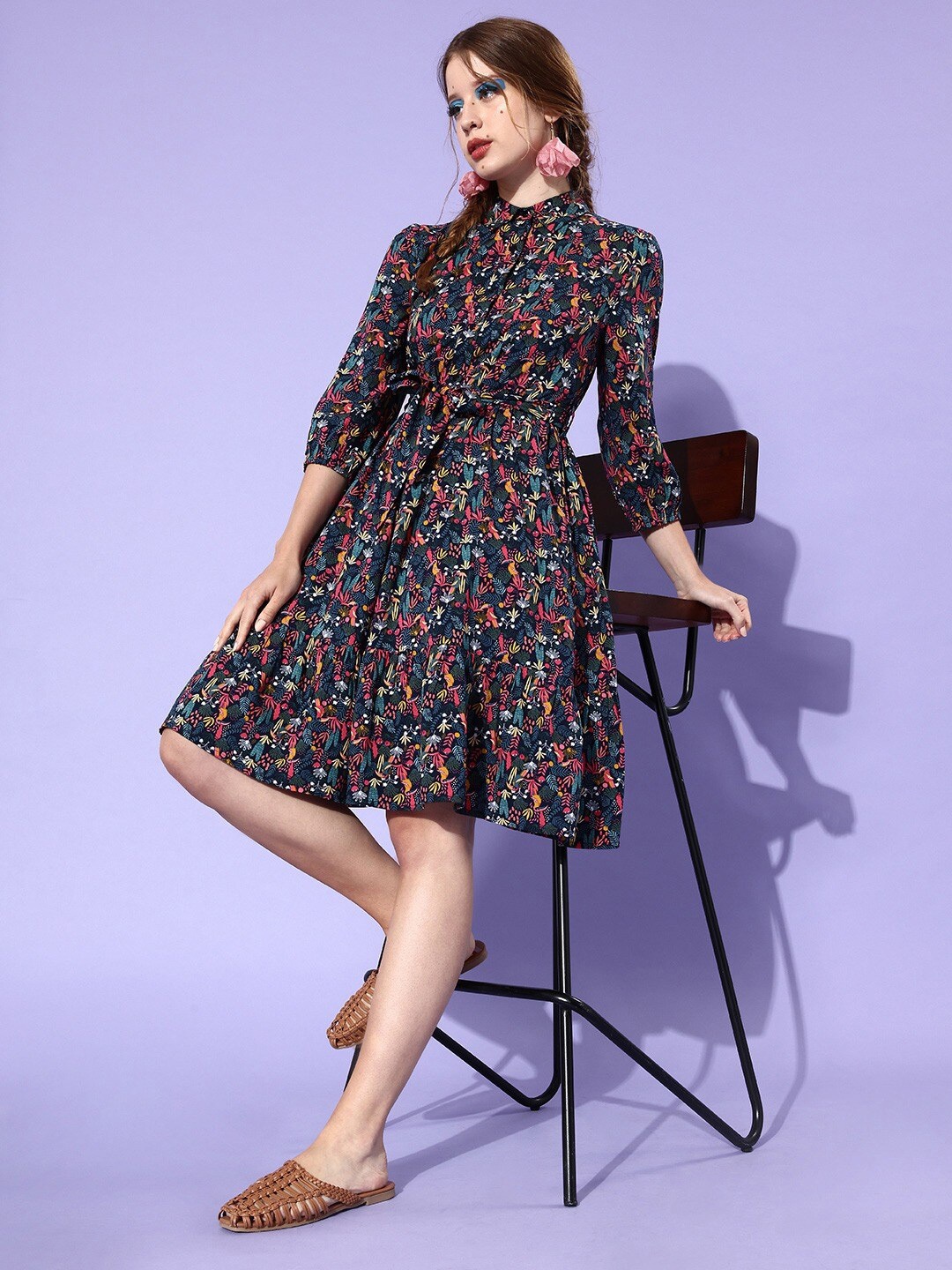 

EVERYDAY by ANI Floral Printed Shirt Collar Bell Sleeve Fit & Flare Dress, Navy blue