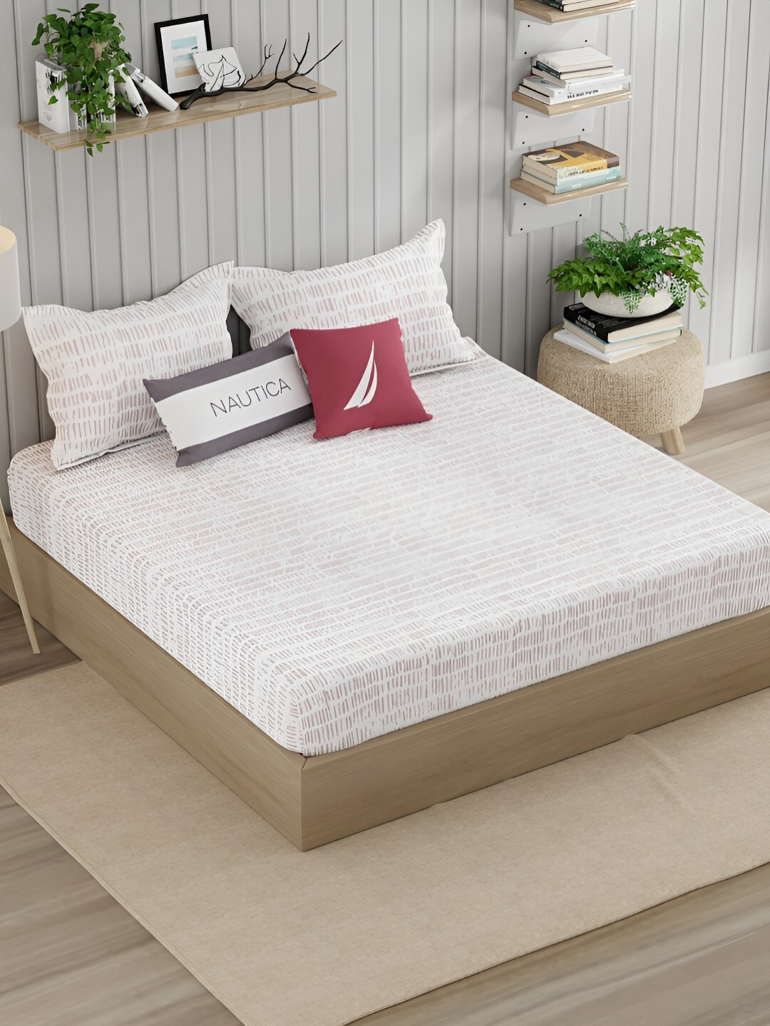

Nautica White & Beige Geometric 250 TC Cotton King Bedsheet With 2 Pillow Covers