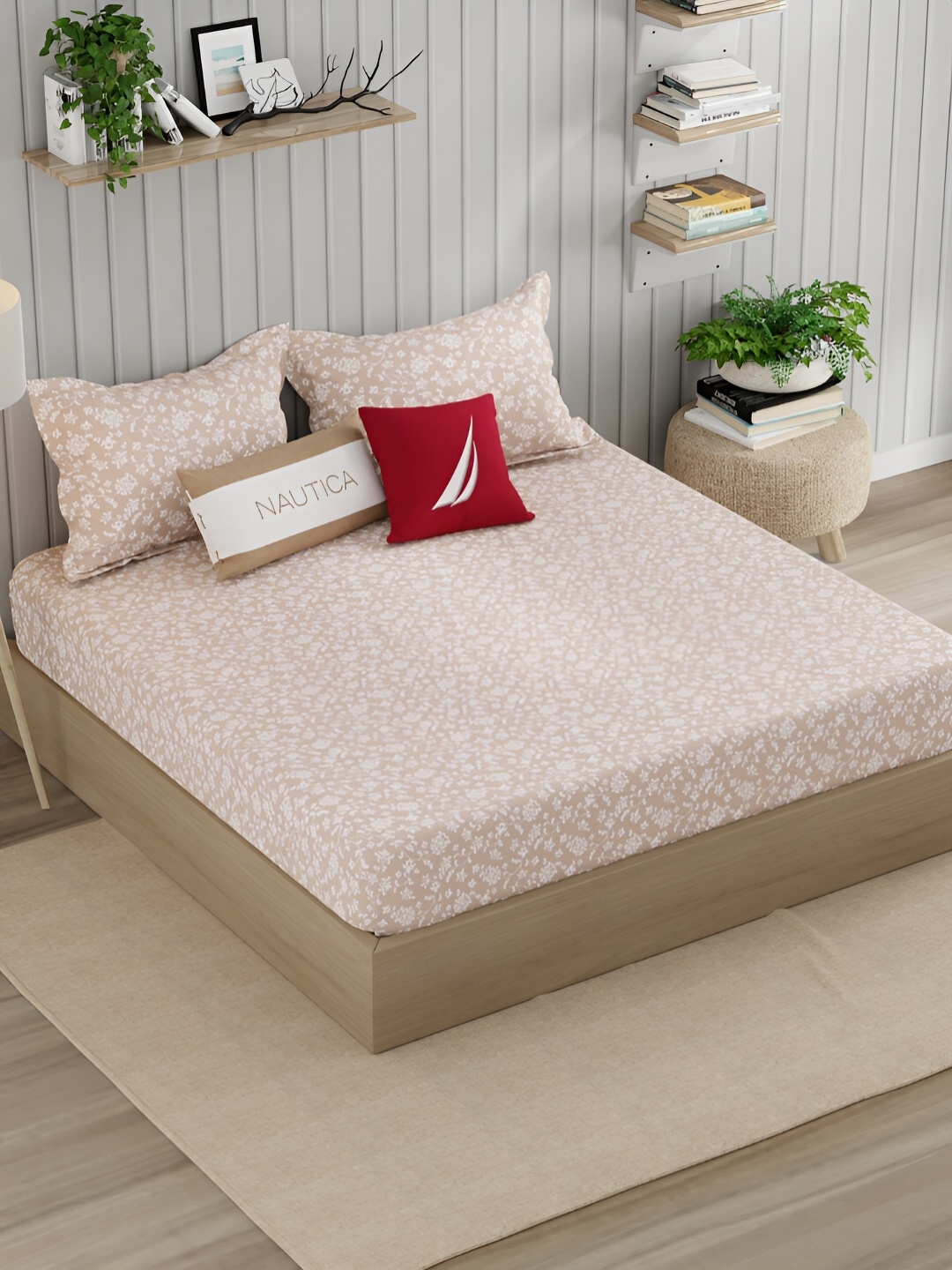 

Nautica Cream-Coloured & White Floral 250 TC King Bedsheet with 2 Pillow Covers