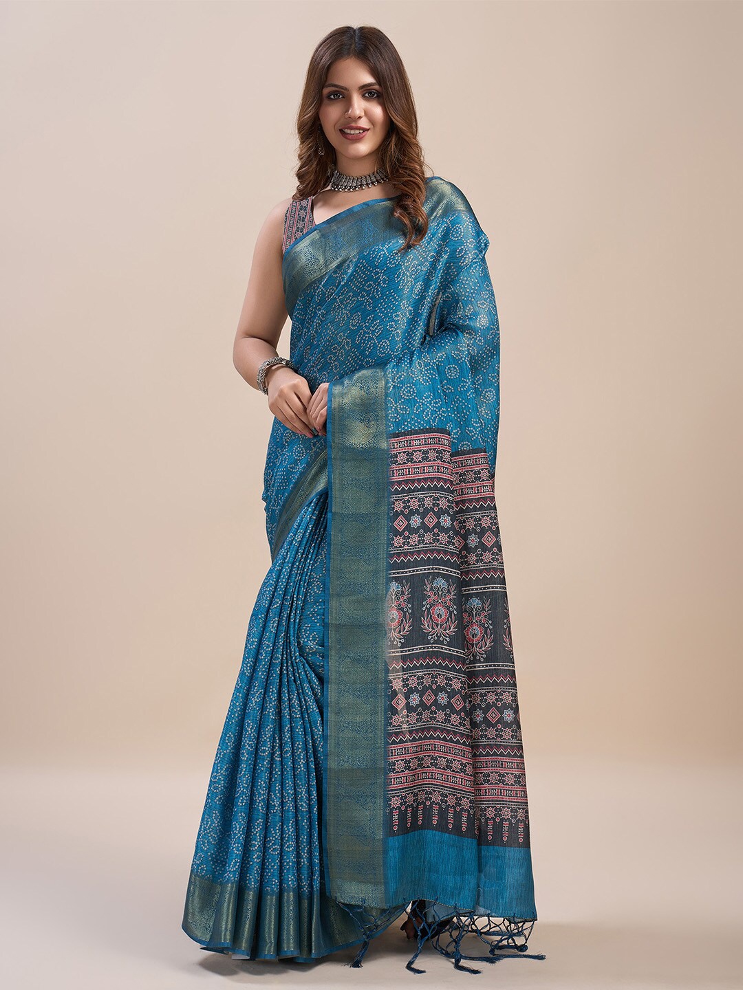 

Ishin Floral Zari Silk Blend Banarasi Saree, Blue