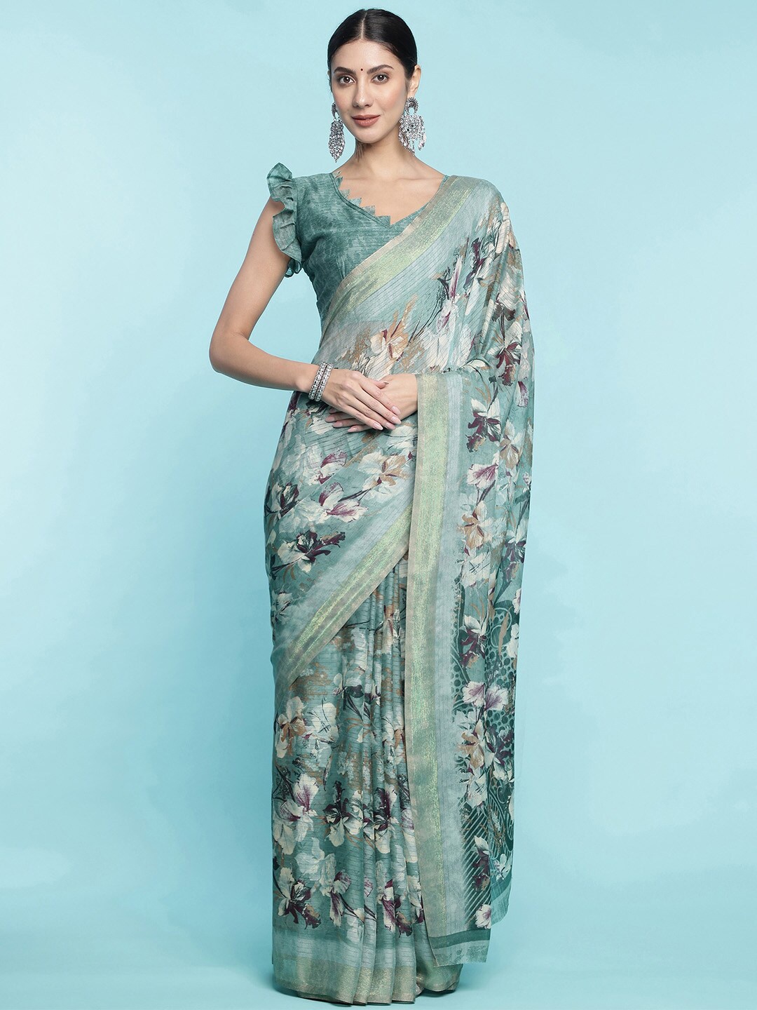 

Ishin Floral Poly Georgette Saree, Teal