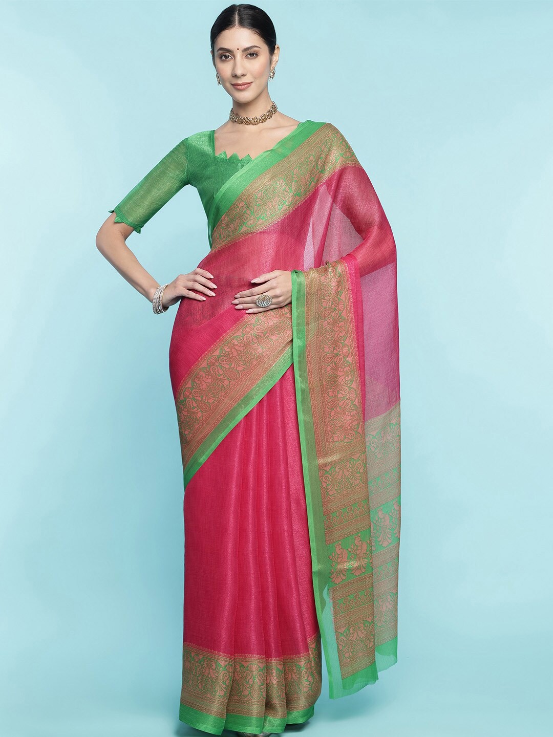 

Ishin Ethnic Motifs Poly Chiffon Saree, Pink