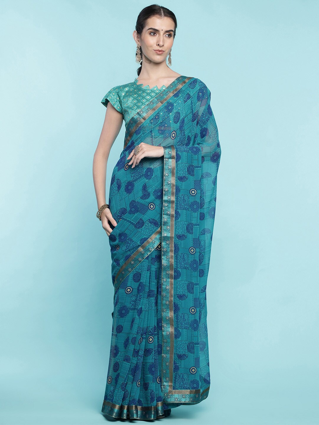 

Ishin Ethnic Motifs Poly Georgette Saree, Sea green