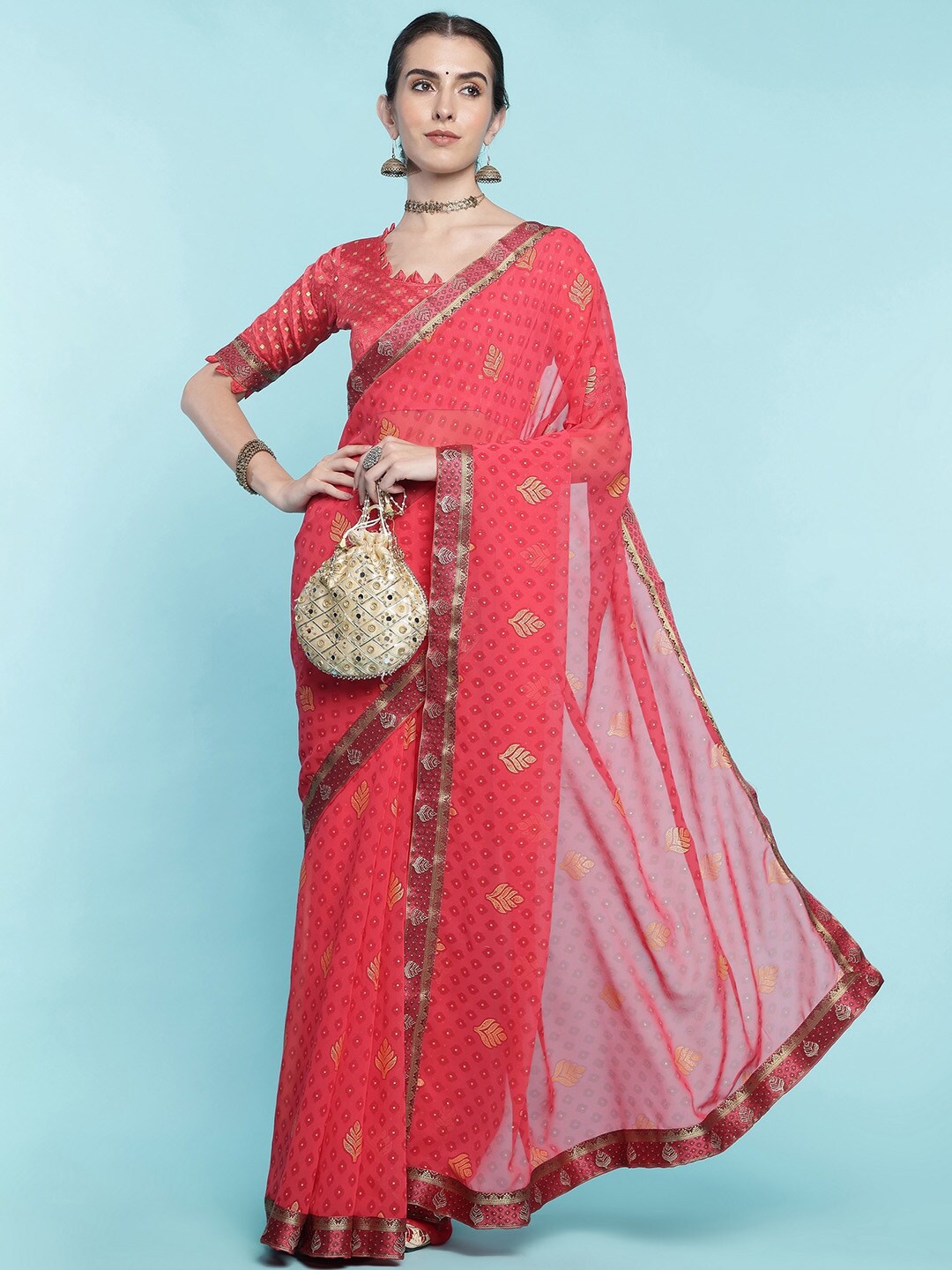 

Ishin Ethnic Motifs Embroidered Poly Georgette Saree, Peach