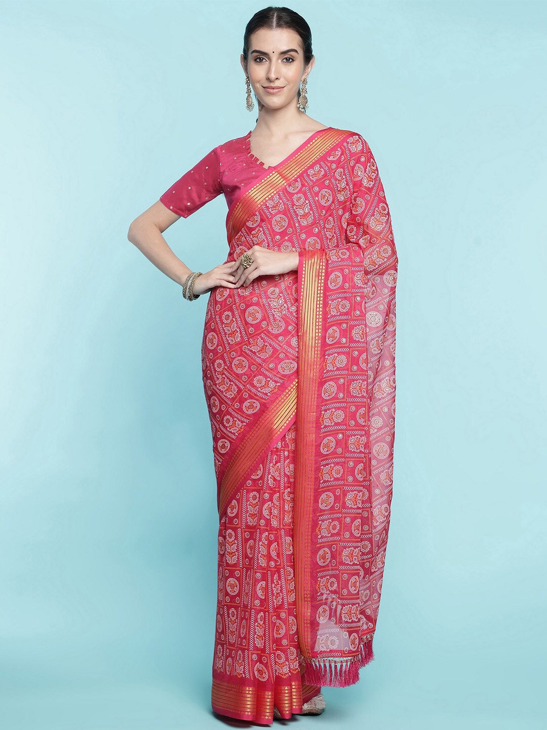 

Ishin Floral Zari Poly Chiffon Saree, Pink