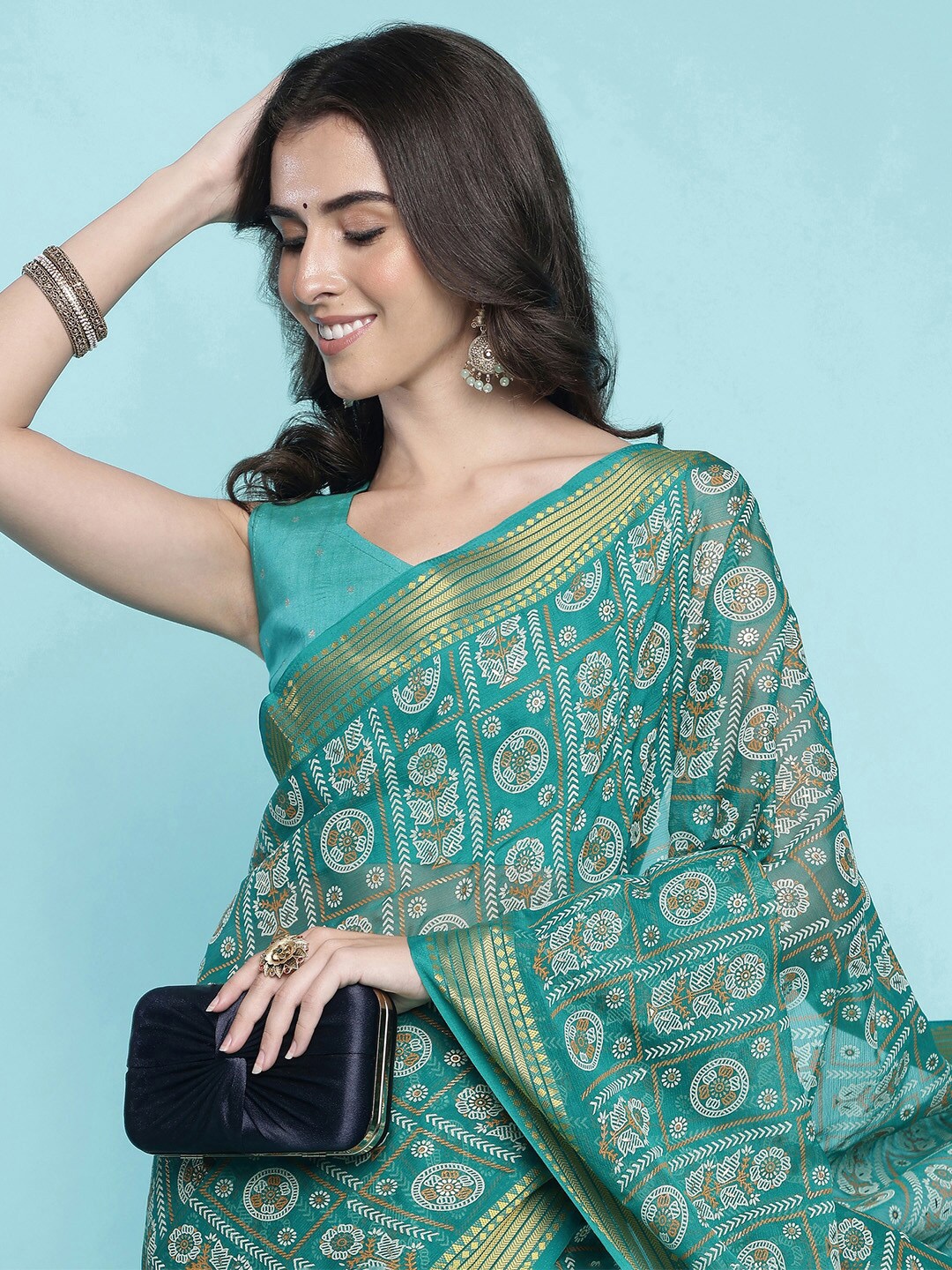 

Ishin Floral Zari Poly Chiffon Saree, Teal