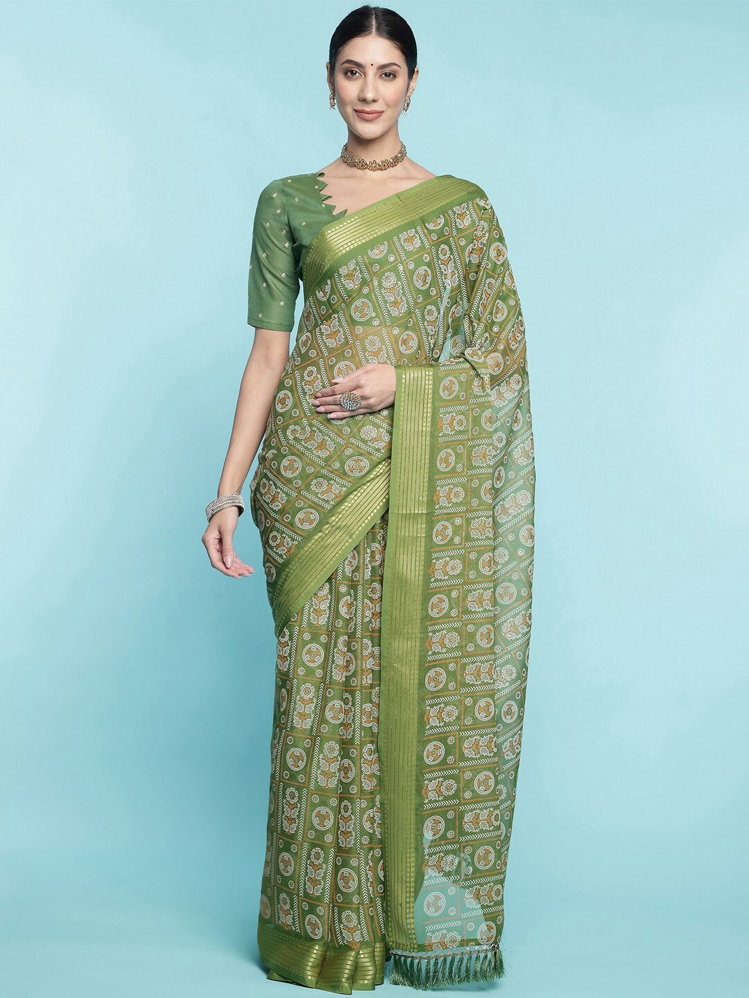 

Ishin Zari Poly Chiffon Saree, Green