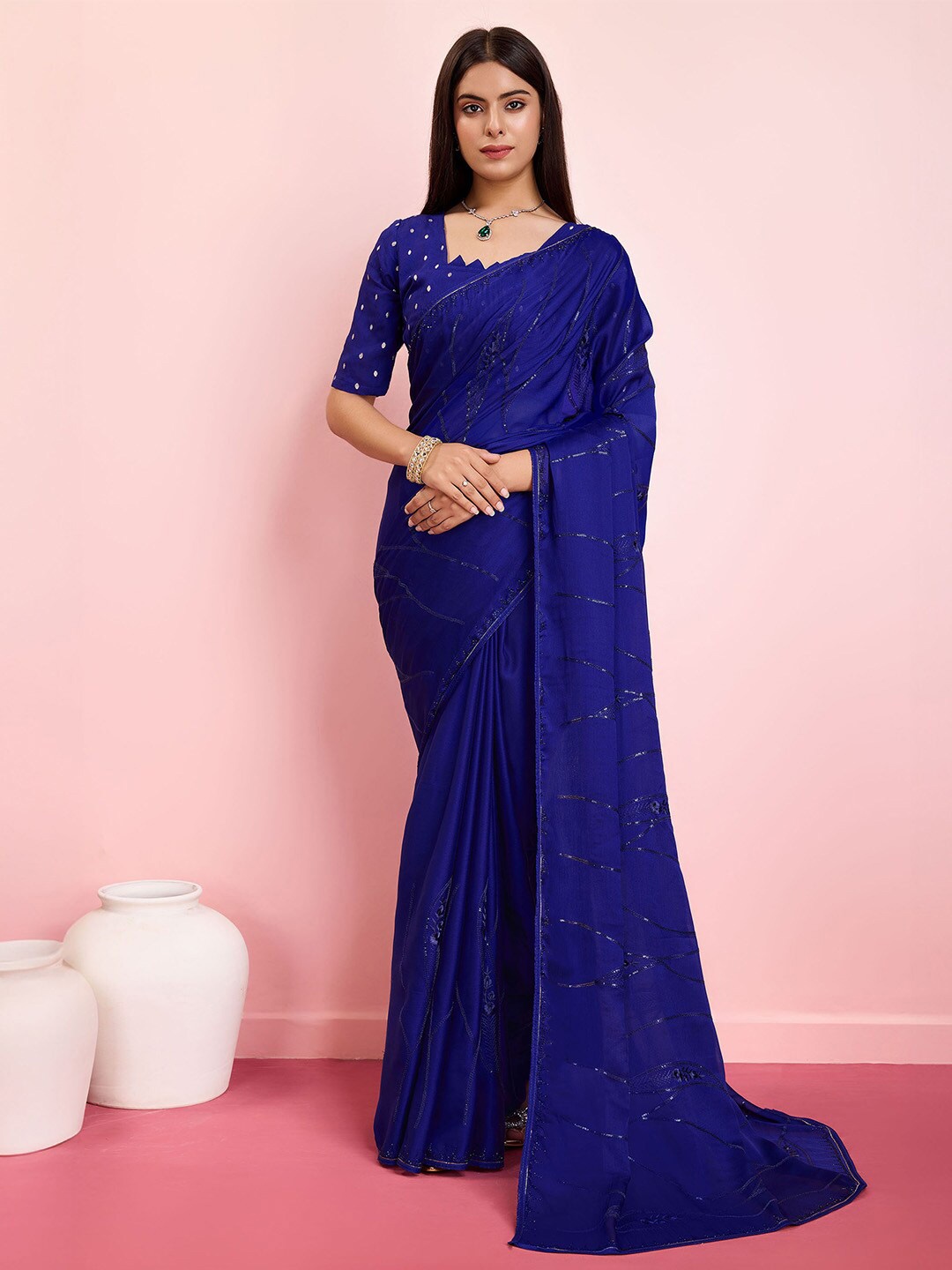 

Ishin Ethnic Motifs Beads and Stones Poly Chiffon Saree, Navy blue