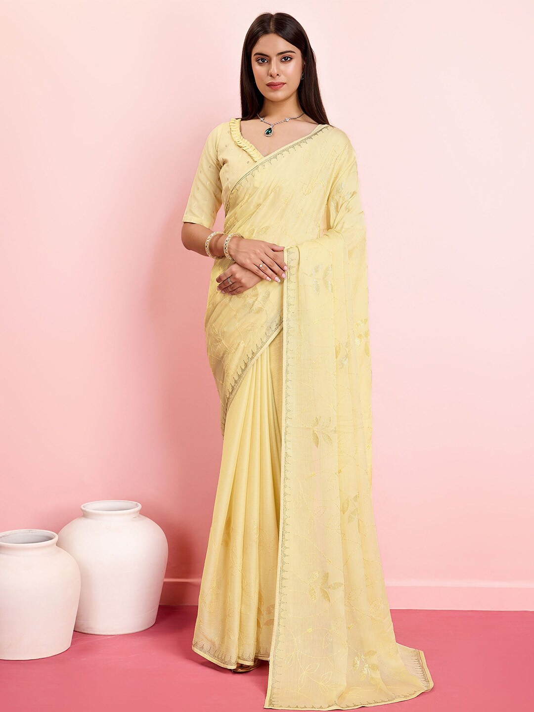 

Ishin Embellished Beads and Stones Poly Chiffon Saree, Beige