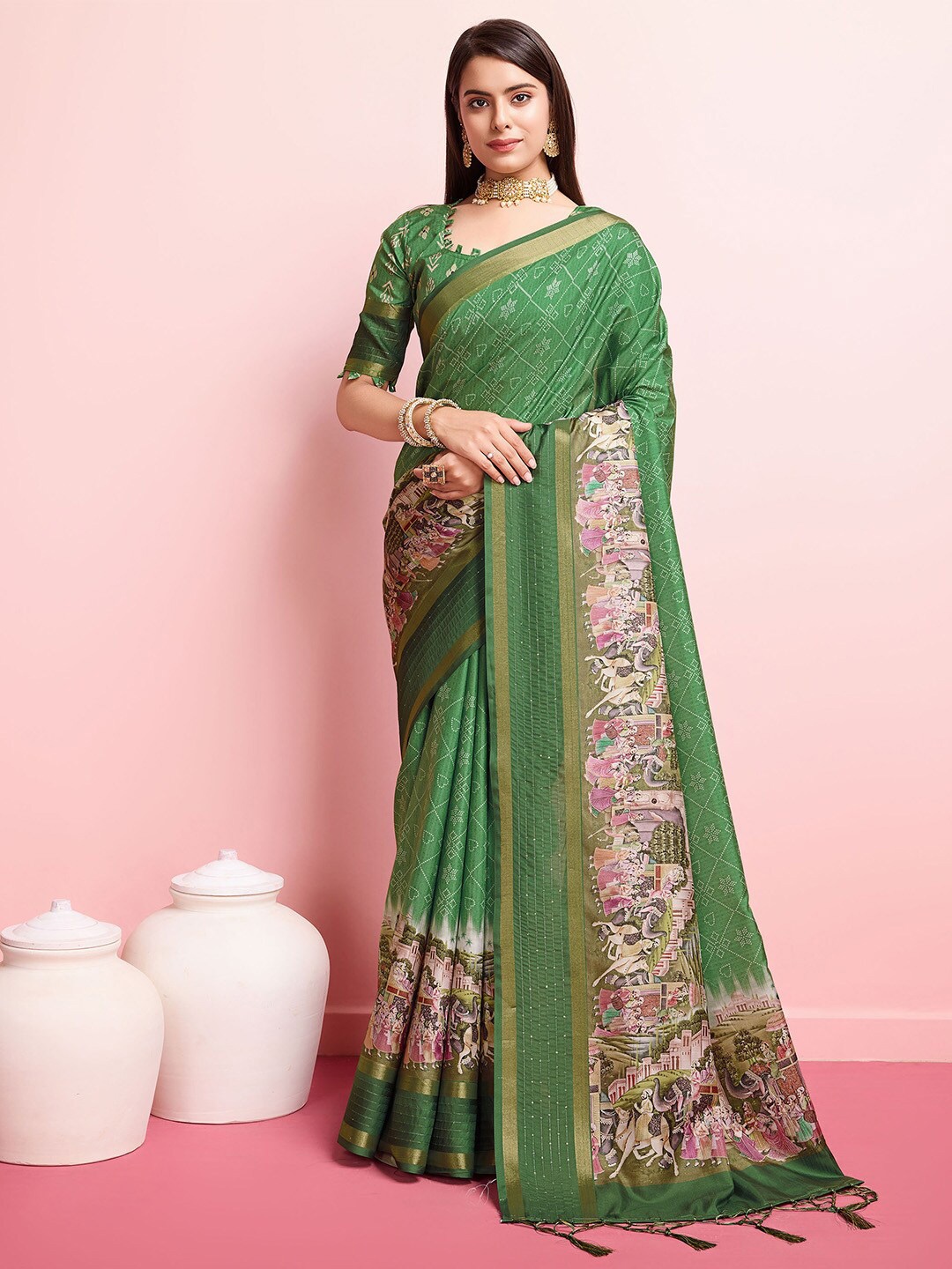 

Ishin Kalamkari Zari Silk Blend Saree, Green